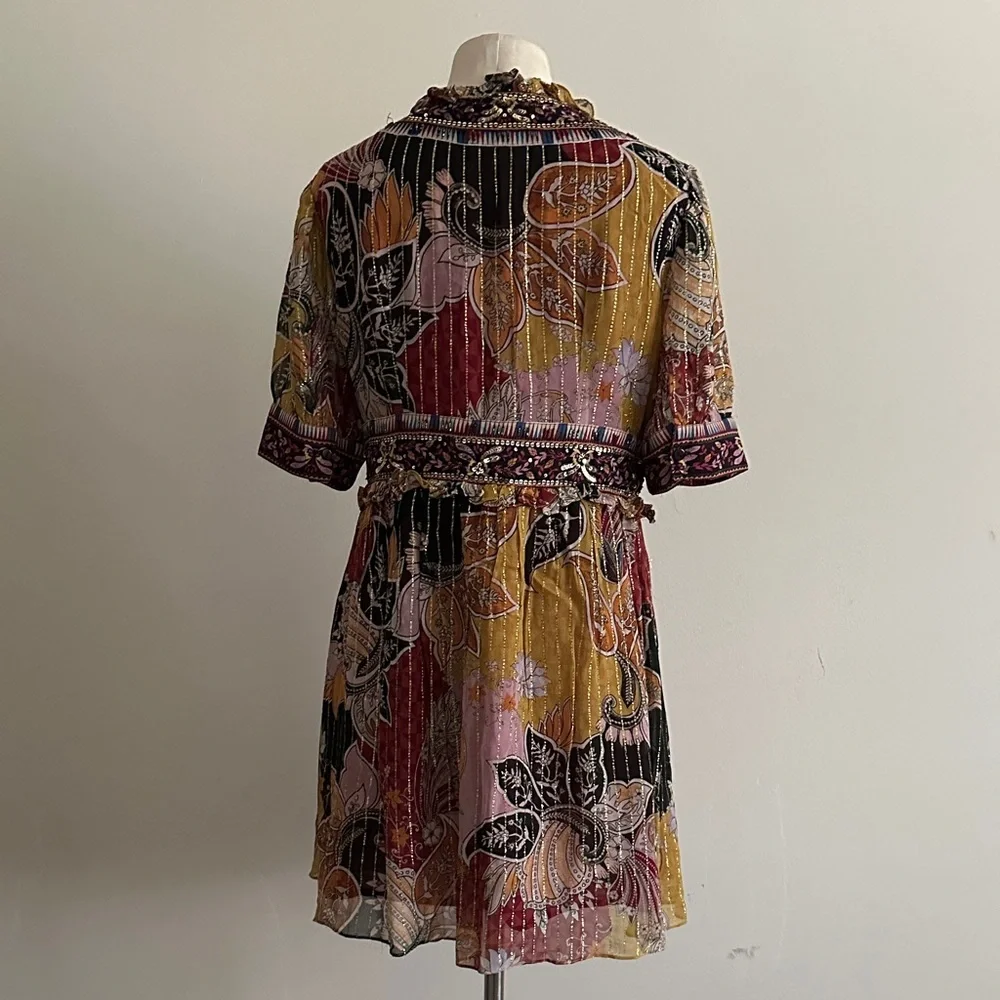 ANTHROPOLOGIE Beaded Sequin Shimmer Mini Dress Bohemian sz Medium - Picture 7 of 9